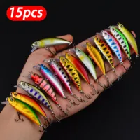 15 Uds señuelo de pesca Minnow ojos 3D 50mm 5g cebo duro de plástico señuelos artificiales Wobbler Crankbait pesca de mar de invierno aparejos de lubina