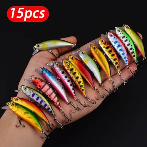 15 Uds señuelo de pesca Minnow ojos 3D 50mm 5g cebo duro de plástico señuelos artificiales Wobbler Crankbait pesca de mar de invierno aparejos de lubina