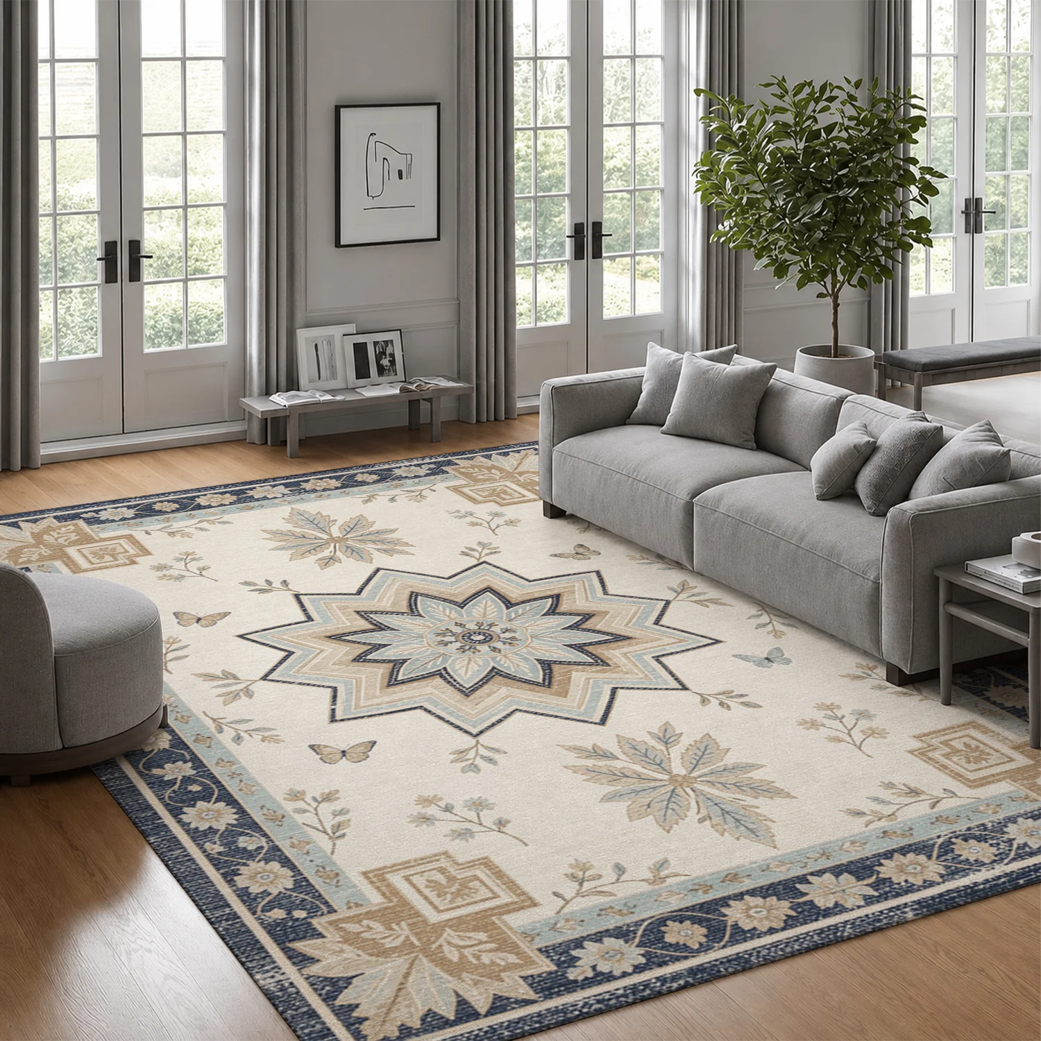 Vintage Floral Mandala Butterfly Pattern Area Rug, Velvet Material, Machine Washable Soft Floor Mat for Living Room Bedroom Dining Room Entryway Decor, Ideal for Halloween Thanksgiving Black Friday Christmas New Year Occasions