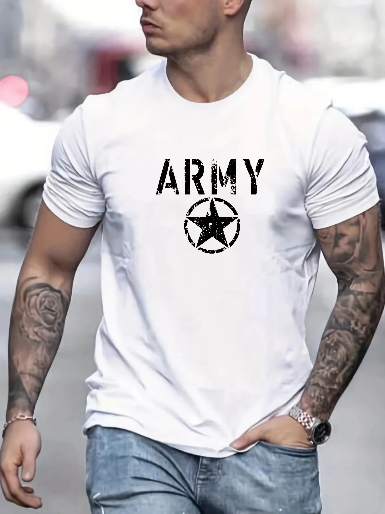 Men's summer 100 cotton fashionable casual loose sports ARMY and five pointed star printed round neck short sleeved T-shirt top