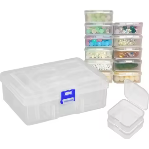 15pcs Small Bead Organizer Box with Hinged Lids, 2.2x2.2x0.79 Inch Clear Plastic Storage Containers for Diamond Painting Art, Cr