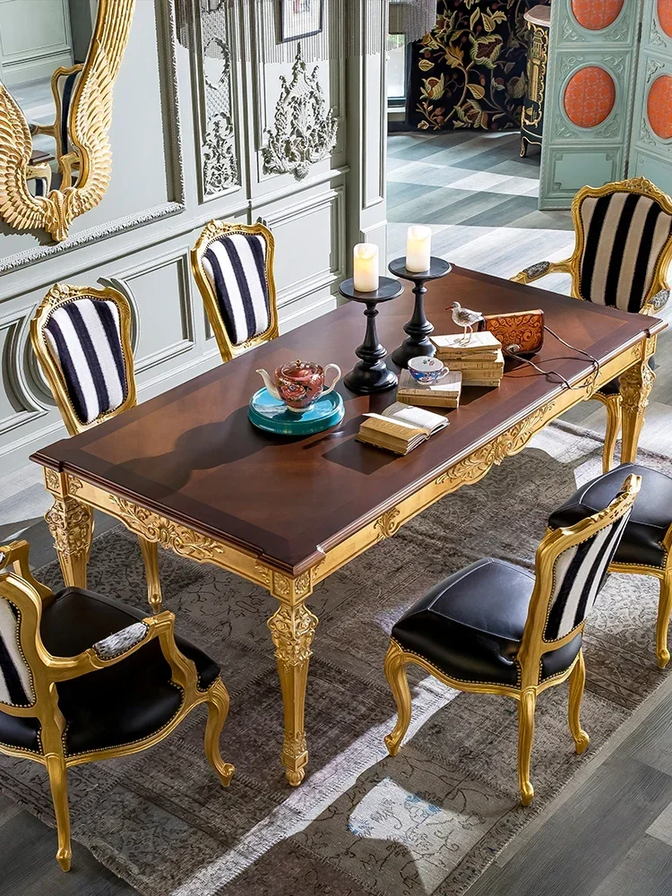 French Chinese style carved long dining table and chair combination of French beech high-end vintage dining room furniture