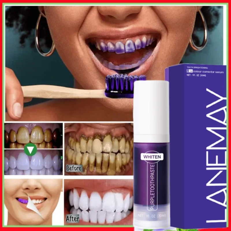 V34 Teeth Whitening Purple Toothpaste Remove Teeth Breath Whitening Brightening Essence Corrector Color Care Oral Stain Free