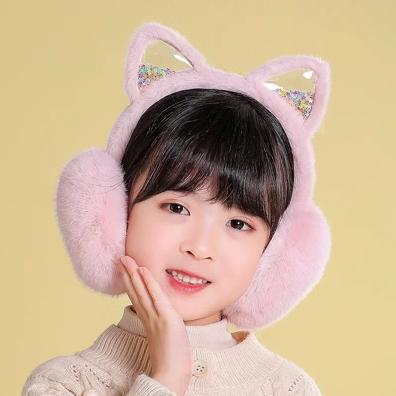 Girl Winter Cat Ear Earmuffs Foldable Warm  Protect Cute Faux Fur Soft Fluffy Earcap Korean Style Children Ear Cover Ear Muff