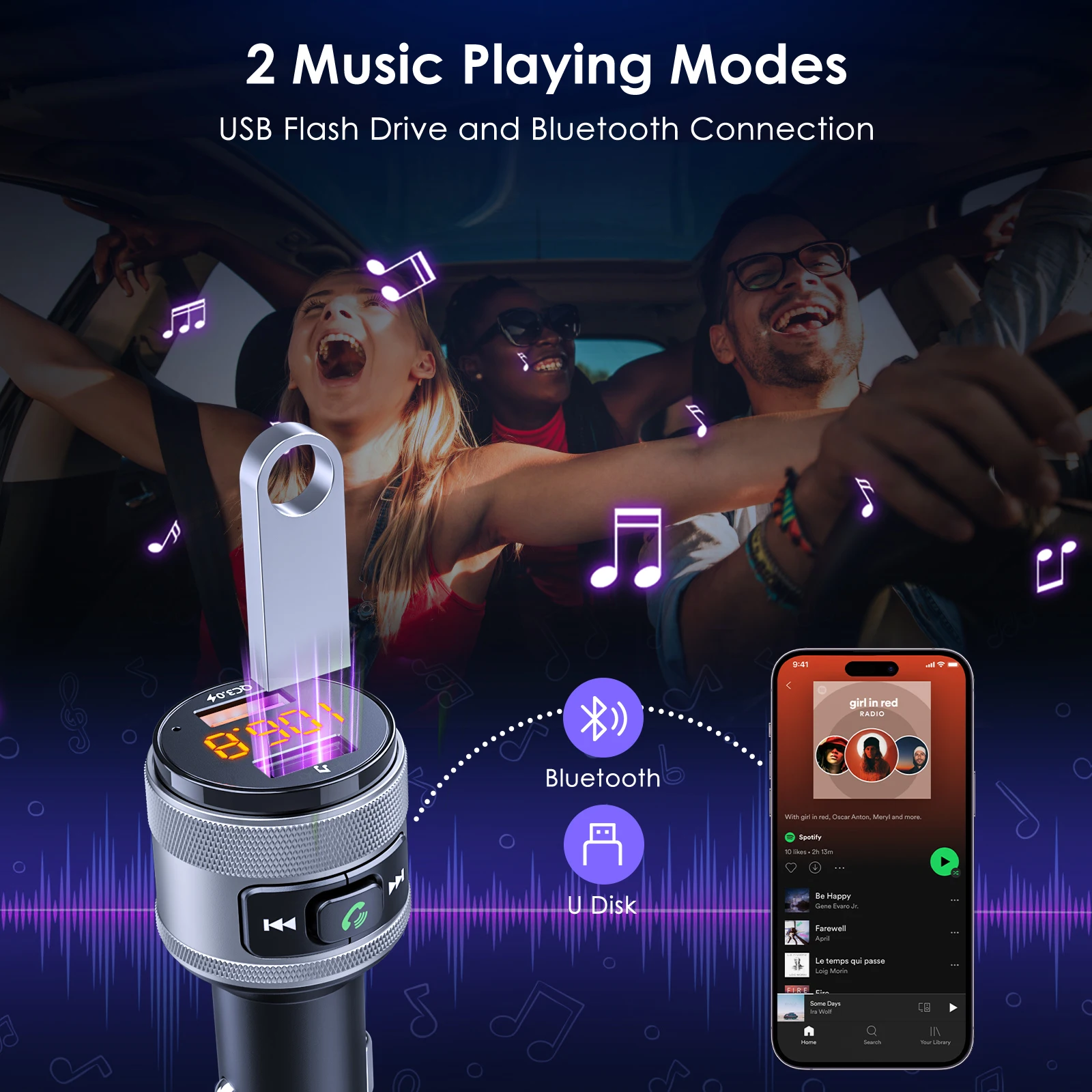 LENCENT Bluetooth 5.0FM Transmitter with 2 USB Ports 3.0 Wireless Bluetooth FM Radio Adapter Music Player for Car Kit