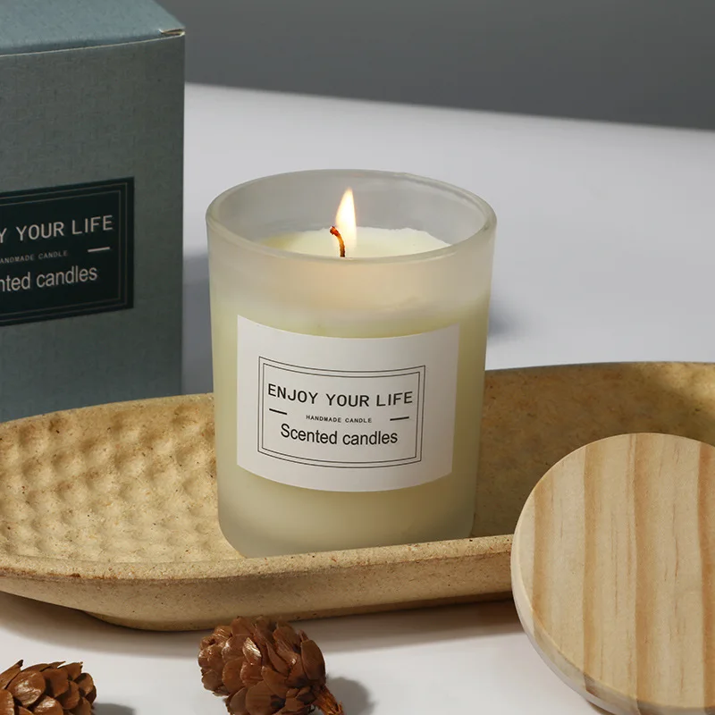 7x8.4cm Wooden Lid Frosted Glass Cup, Soy Wax Fresh And Elegant Scented Candle, Wedding Gift, Smokeless Scented Candle