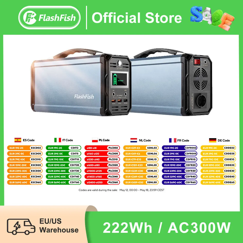 FF Flashfish 300 W Peak 500 W Solargenerator 222 Wh tragbares Kraftwerk 60000 mAh Solarbatterie AC