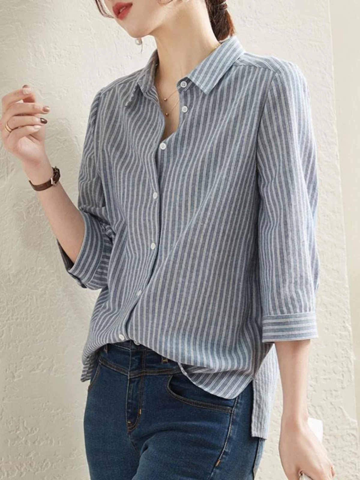 

Off-Season Striped Cotton Linen Casual irt Women's Loose Fit Long Sve Collar Anti-Season Tag Clip Seven-Quarter Sve
