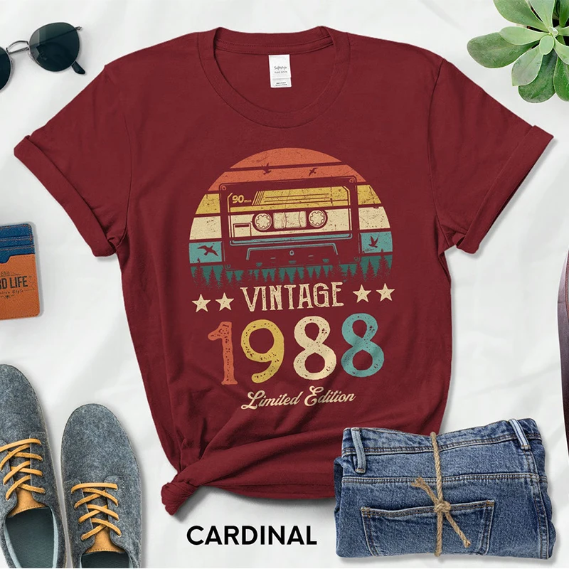 Camiseta Retro de Cassetes Feminina, Presente de Festa de Aniversário, Streetwear, Moda Vintage, Feito em 1988, 36 Anos, Feminina, Verão