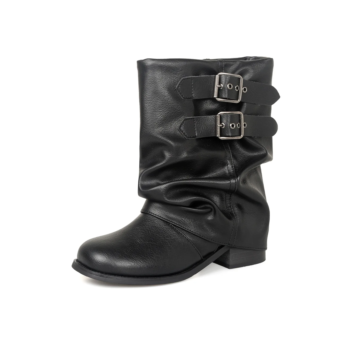 Arden Furtado otoño cinturón hebilla piel de vaca botas cortas plisadas punta redonda borde vuelto pull-on tacón medio botas tubulares grandes