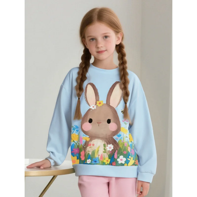 2025 Hot Sale Girls' Long Sleeve Sweater - Cute Rabbit Floral Print Light Blue Sweater, Children's Spring and Autumn Casual Wear