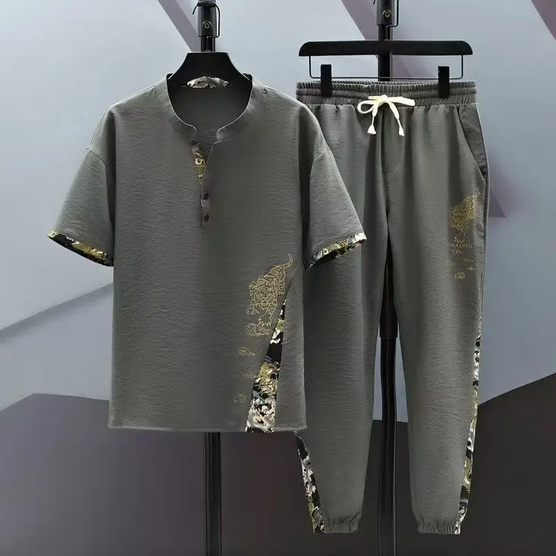 

Summer New Fashion Trend Short-Sleeved T-shirt Long Pants Set Men's Loose Sport Breathable Large Size High-Grade Two-Piece Set