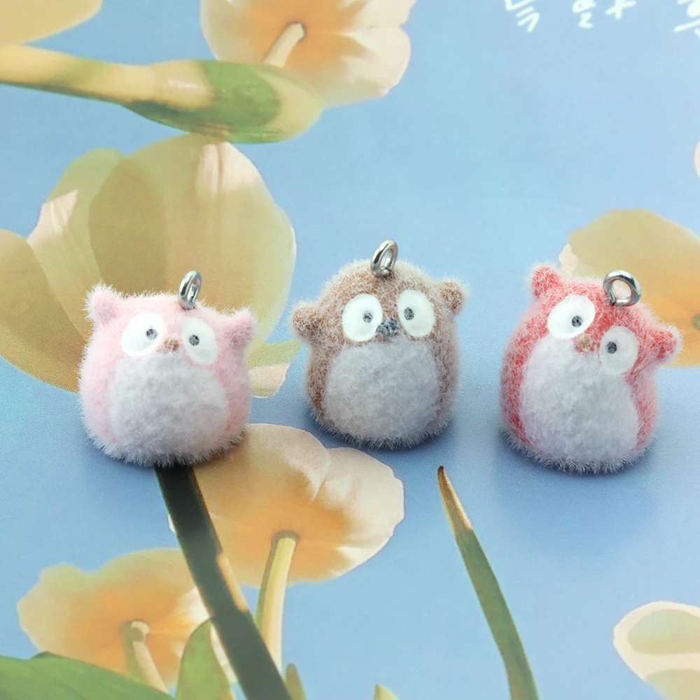 18pcs 3D Flocking Resin Owl Charms Cute Cartoon Animal Pendants for Necklace Earrings Keychain Making DIY Jewelry Accessories