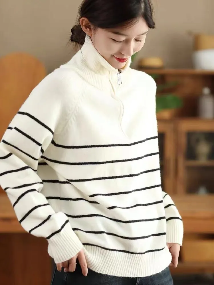 Max LuLu Turtleneck Striped Ladies Winter Classic Sweaters Luxury Loose Pullover Casual Vintage Elegant Cotton Harajuku Jumpers