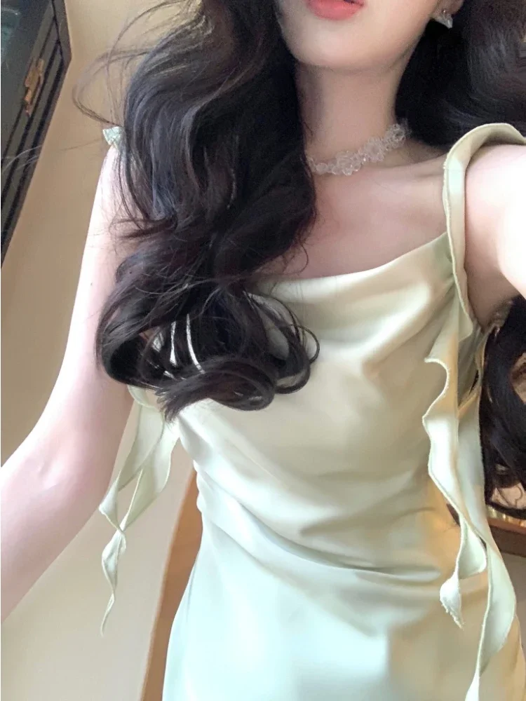 Jielur 우아한 새틴 스트랩 미디 원피스 여성용 빈티지 캐주얼 이븐 파티 드레스, 퓨어 컬러 원피스 원피스, 한국 패션, 여름