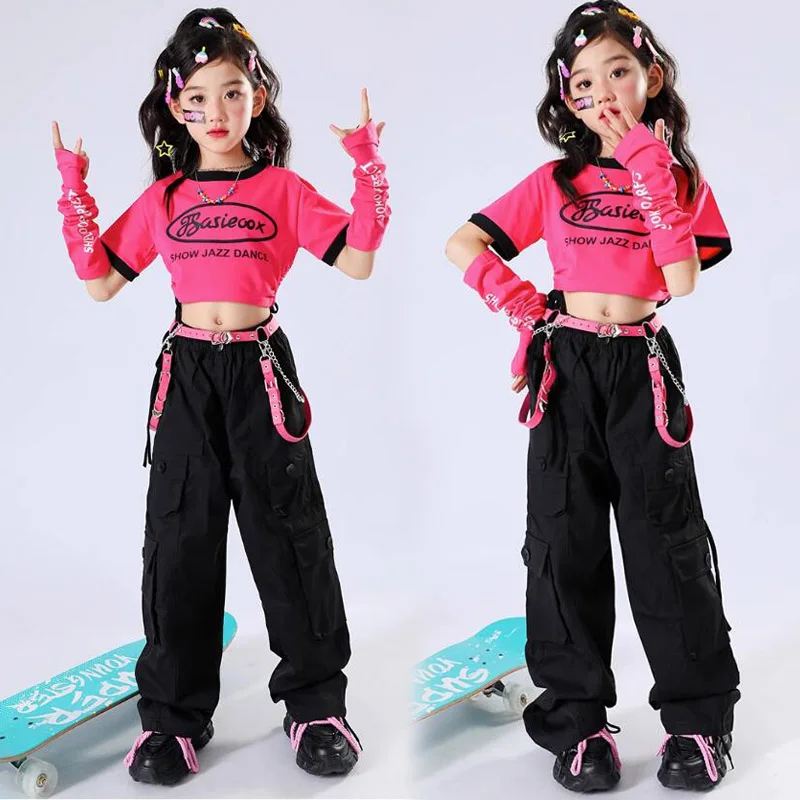 Crianças Hip Hop Outfits, Crop Tops, Shorts, Street Dance, Jazz Sweet Costumes, Meninas Calças Black Cargo, Crianças Streetwear, Conjuntos de roupas