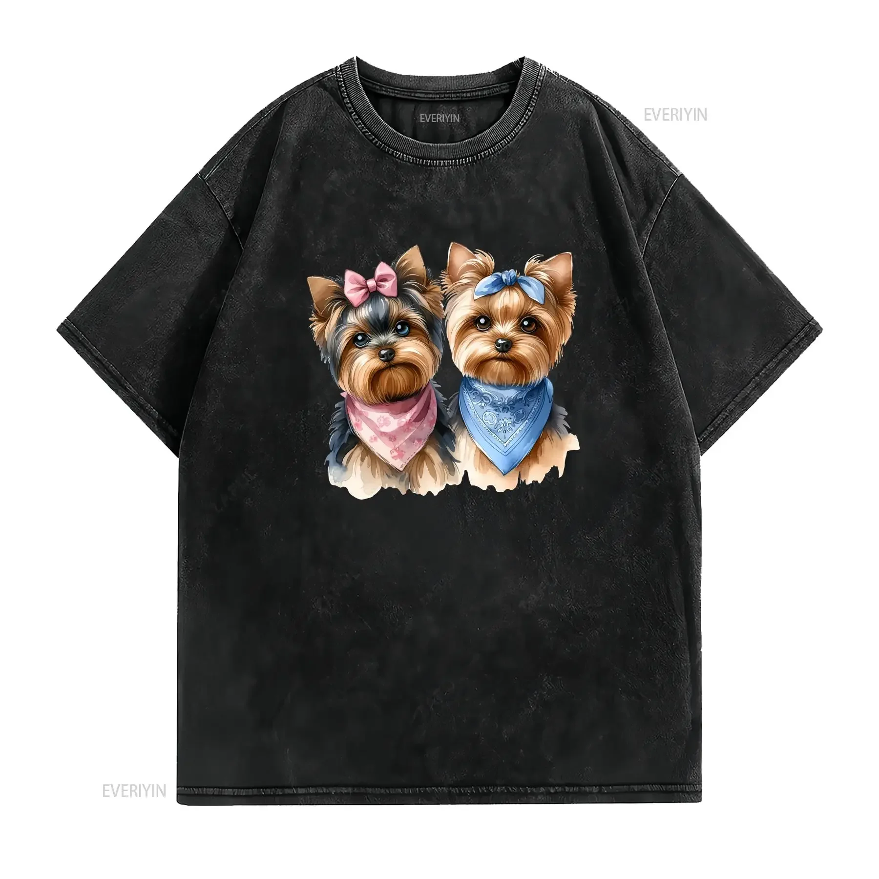 Watercolor Yorkshire Terrier T Shirt with Bandana Bow Adorned Dogs Artistic Pet Lover Unique Top Idea For Him Her vintage