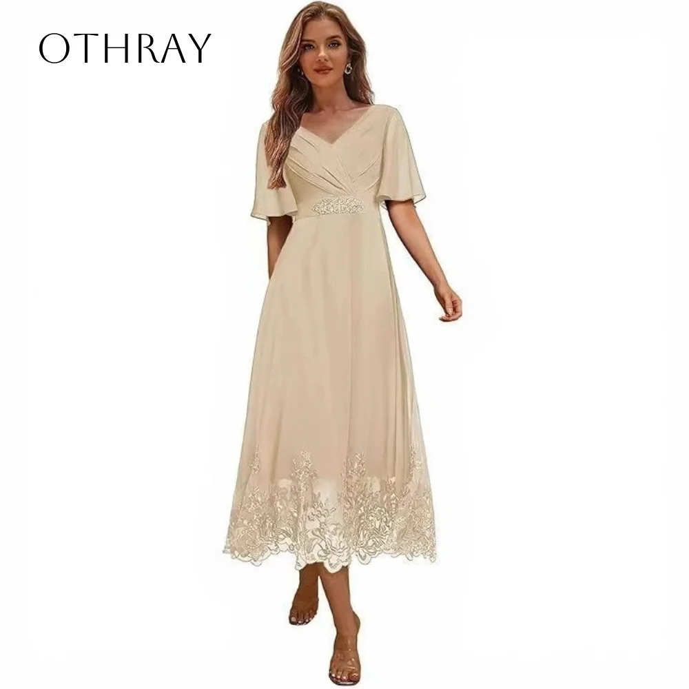 V-neck Chiffon Lace A-line Homecoming Dresses Puffy Short Sleeves Tea Length Customized robes de soirée