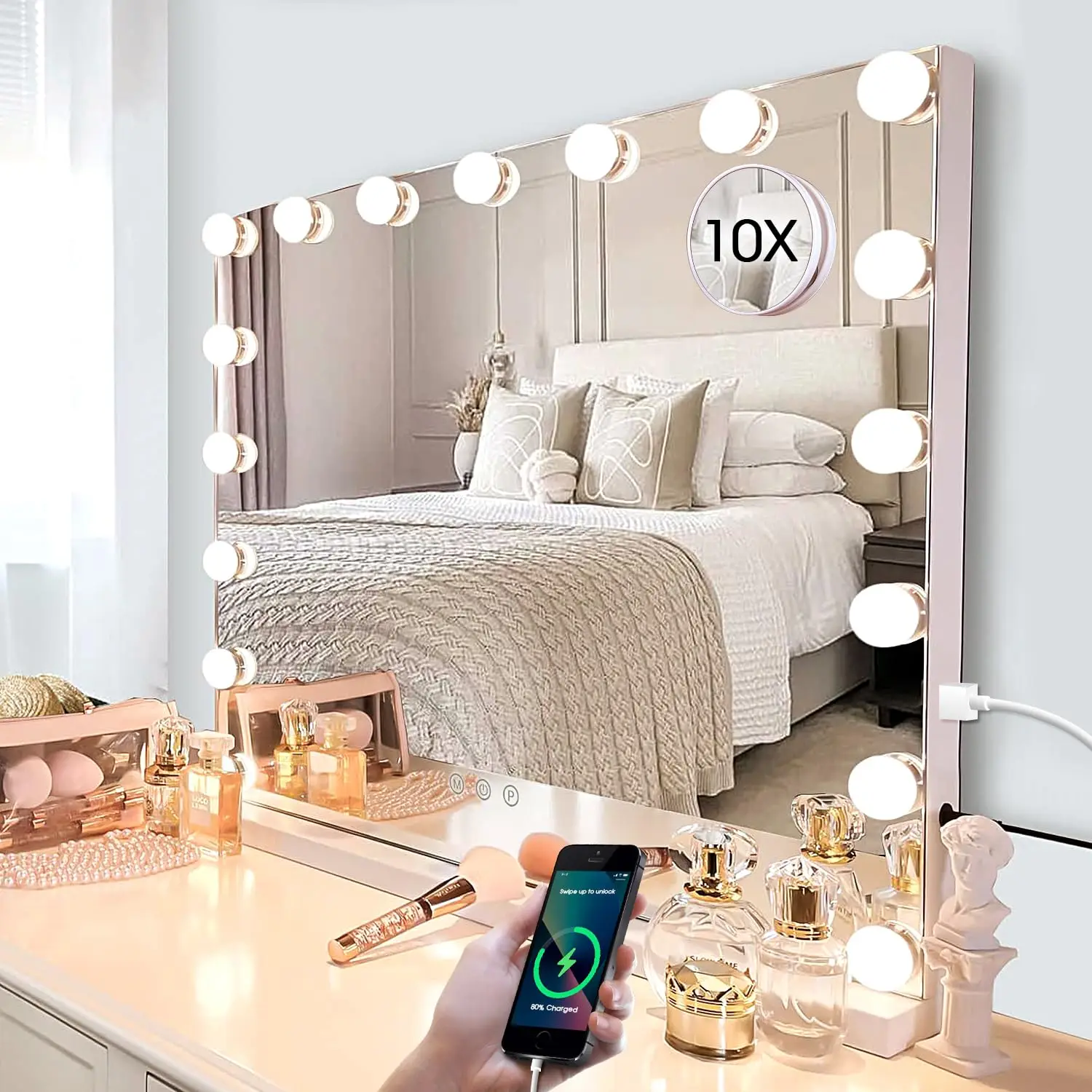 24.4"x21.2" Lighted Makeup Mirror with 3 Dimmable Color Modes, Touch Control & USB Port