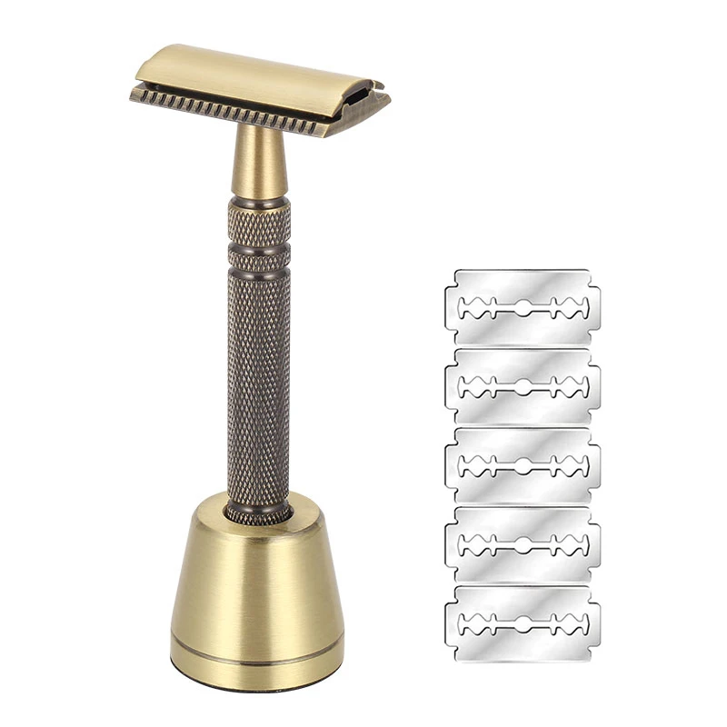 YINTAL Men\'s Bronze Classic Double-sided Manual Razor Long Handle Safety Razors 1 Razor 1 Base Shaver Set Waterproof No Rust