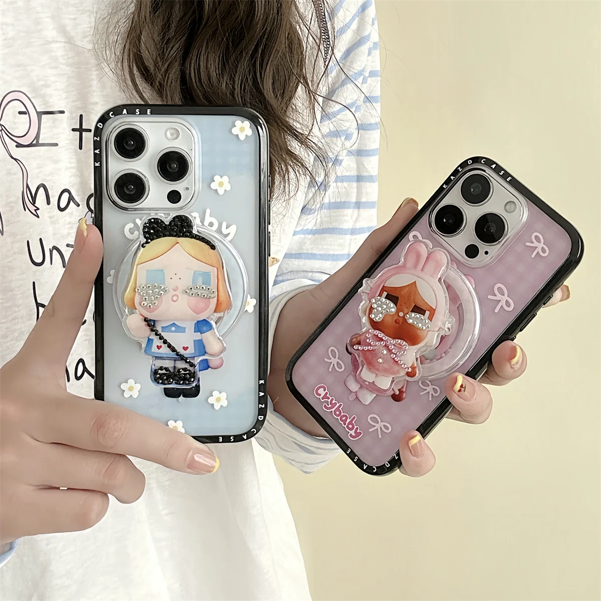 

Fashion Cute Cartoon Magnetic Phone Case For iPhone 16 Pro 14 13 15 Pro Max Cover with Diamond Girl Stand Holder Cases
