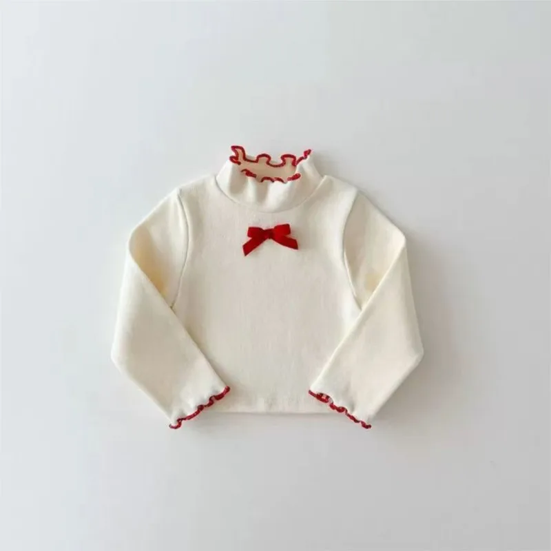 Newborn Baby Girl Cotton Bow High Collar Ruffle T-shirt Child Solid Long Sleeve Bottoming Pullover Spring Autumn Clothes 9M-5T