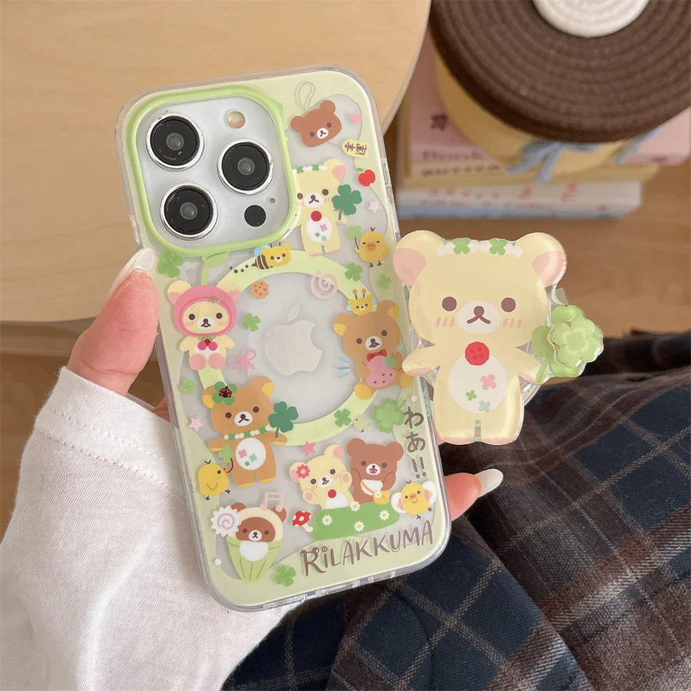 

happy Bear+Rotate Green Leaf Magnetic Holder Magsafe Wireless Charge Phone Case For iPhone 16 15 14 13 12 Pro Max Cover
