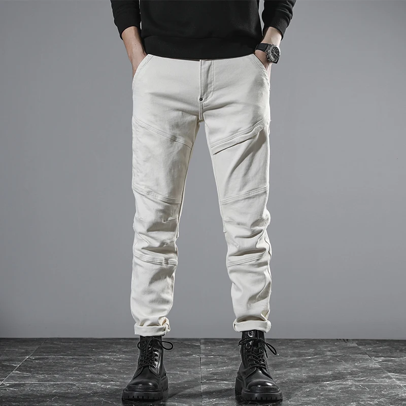 

White Jeans Men Slim Fitness Stretch Knight Denim Jeans Patchwork Streetwear Original Desinger Hide Zipper Pocket Cowboy