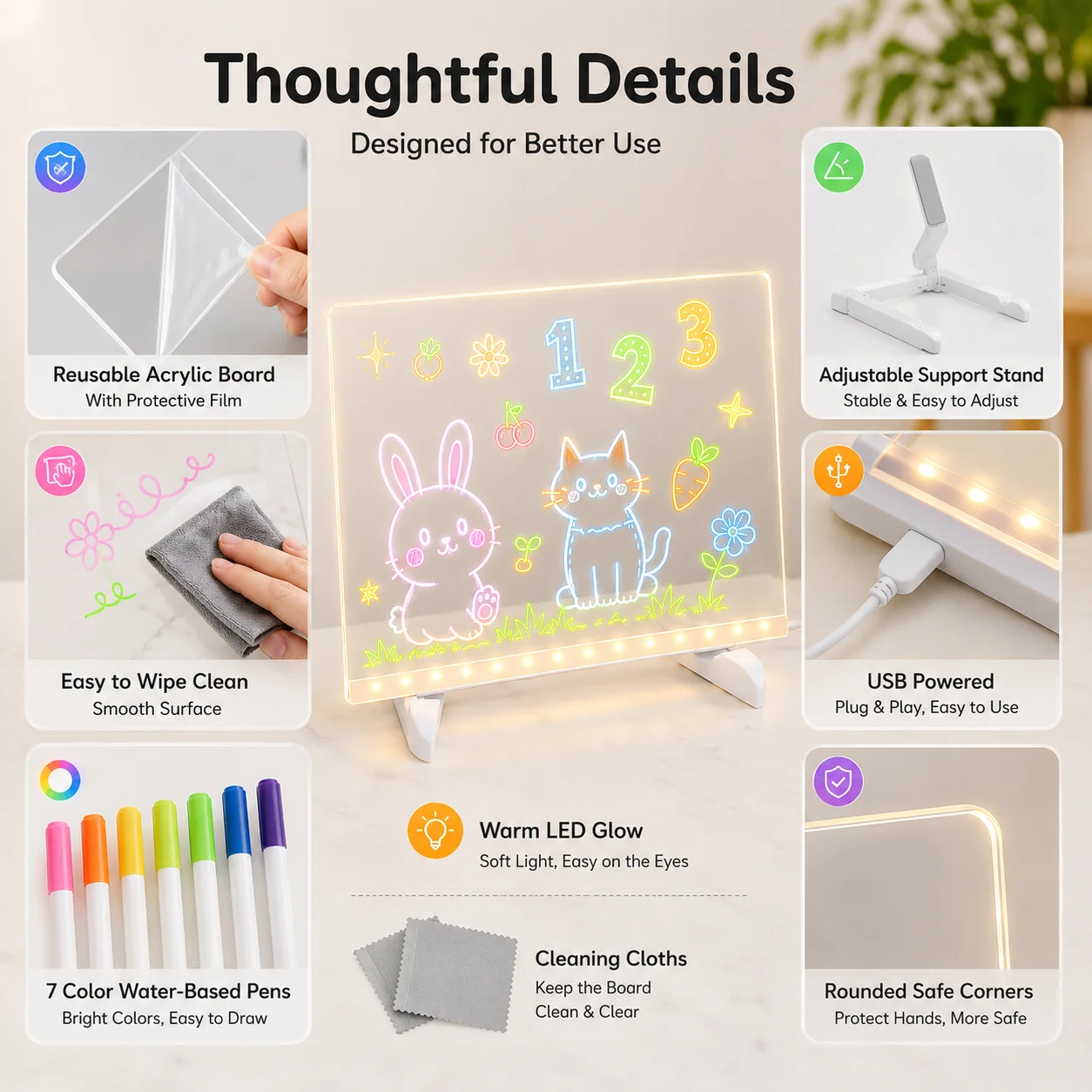 LED Acrylic Note Board with 7 Pens Erasable Glowing Message Board Night Light USB Memo Drawing Board Stand Kids Birthday Gift