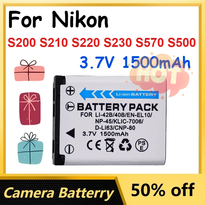 

3.7V 1500mAh Li-40B Li-42B EN-EL10 Li-Ion Battery with Charger for Nikon S200 S210 S220 S230 S570 S500 Digital Camera Batteries