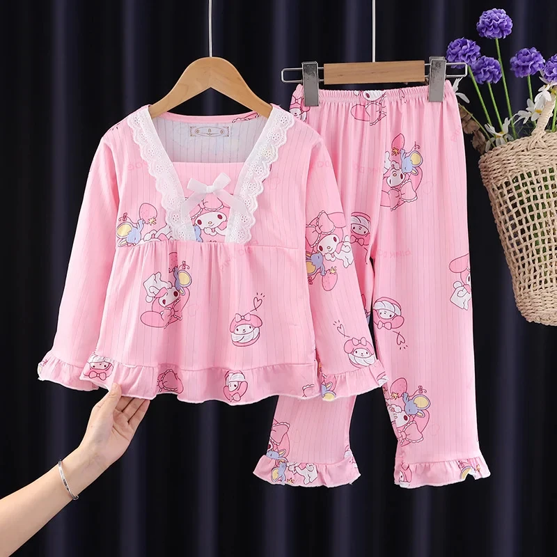 Anime Sanrio Hello Kitty Pajamas Child Girls Kuromi My Melody Cinnamoroll Cartoon Sleepwear Long Sleeved Thin Princess Home Wear