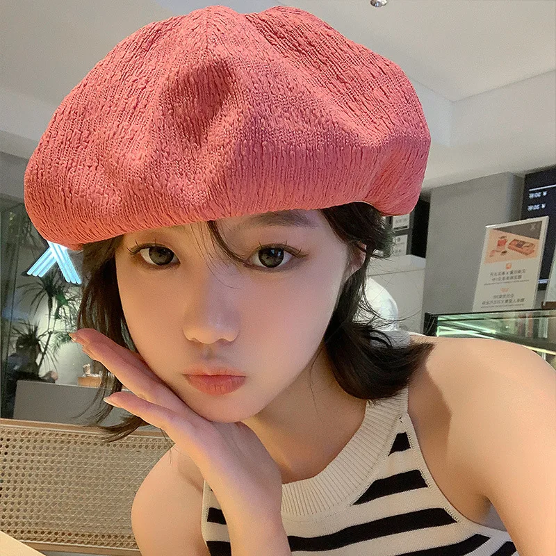 Simple Texture Grain Beret Women\'s Summer Hat New Women Berets Vintage French Top Painter Hat Beret Women Cap Pink Cap Gorras 모자