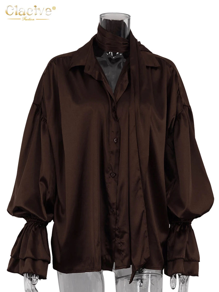 Clacive Fashion Loose Brown Satin Women\'s Shirt 2025 Elegant Lapel Long Sleeve Shirts Casual Classic Blusas Top Female Clothing