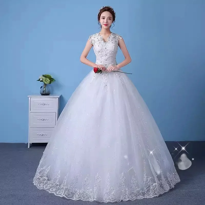 Vestidos De Casamento Bordados De Tule Branco, Decote Em V, Sem Mangas, Lantejoulas De Cristal, Tamanho Grande, Vestidos De Baile Da Noiva, Baratos