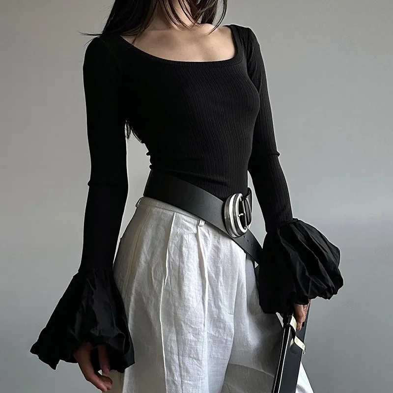 

GELITAYIN Black Sexy Women T-shirt Autumn Streetwear New Long Sleeves O-Neck Casual Slim Fashion Puff Sleeve Tees Off Shoulder F