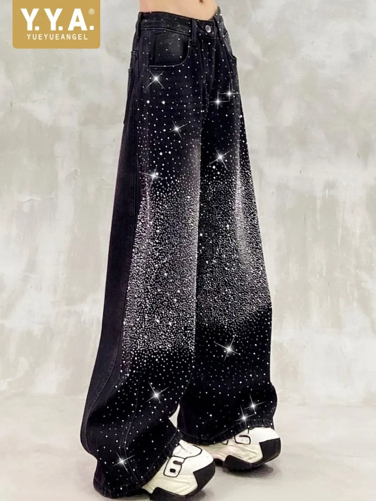 

Leisure Female High Waist Wide Leg Denim Pants Ladies High Street Pockets Trousers Top Quality Loose Button Crystal Jeans