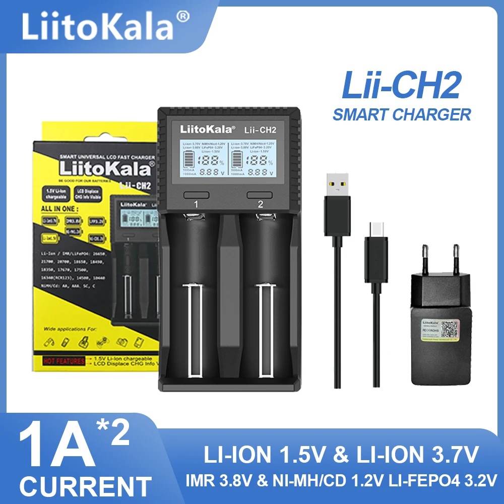 Liitokala-carregador inteligente lii-ch2, para bateria de lítio recarregável, 1.5v, aa, aaa, aaa, li-ion, 1.2v, 3.2v, 3.7v