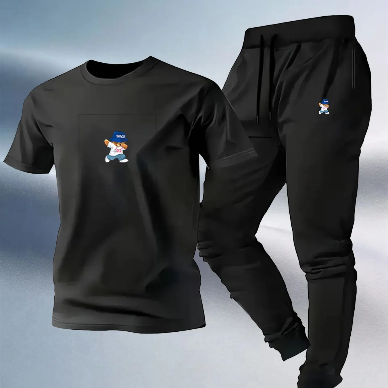 

Unisex Space Bear Print 2-Piece Set, Spring Summer Breathable Sports Casual Outfit