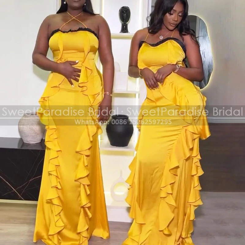 Gold Yellow Ruffles Mermaid Bridesmaid Dresses Customized Long Criss Corss Back Plus Size Women Sheath Party Dress Maid Of Honor