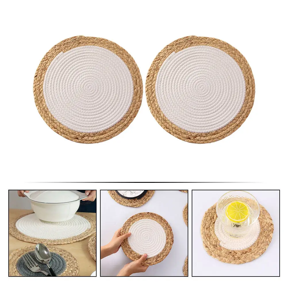 2Pcs Natural Straw Woven Placemat Set Heat Insulated Table Mat for Bowl Drink Cup Anti-Scald Coaster Tassel Round Desktop