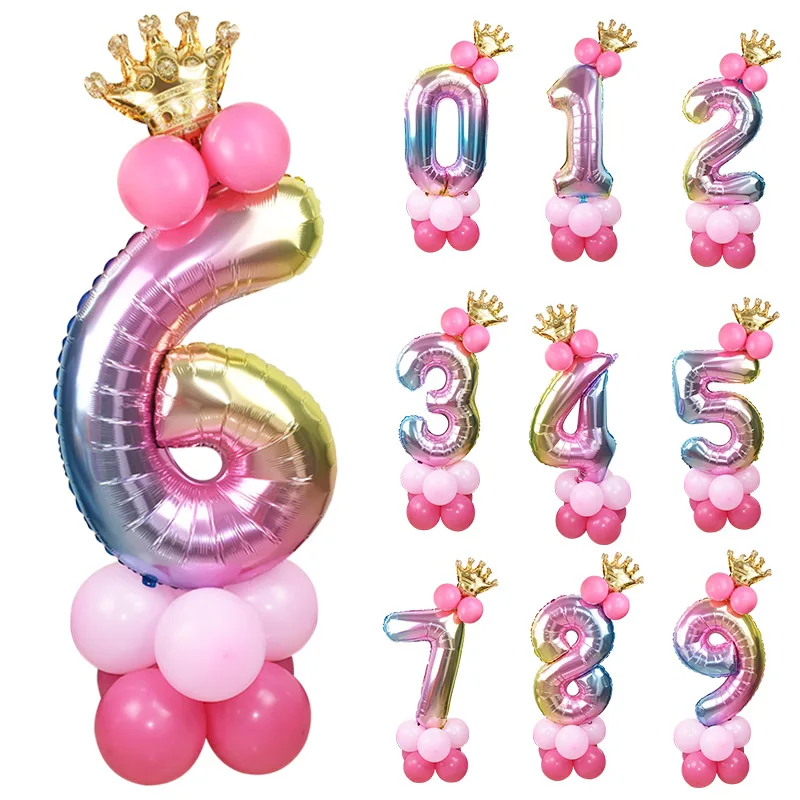 1set 32inch Rainbow Foil Number Balloon with Crown Wedding Anniversary Party Latex Balloon Decor Kids Birthday Air Ball Supply 7