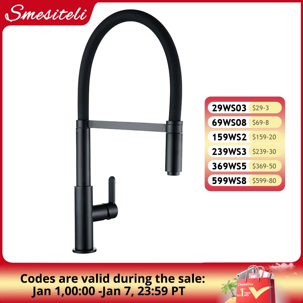 Smesiteli Kitchen Faucets Round Matte Black Brass Single Handle Single Hole 360 Degree Swivel Mixer Sink Tap Pull Out Down Taps