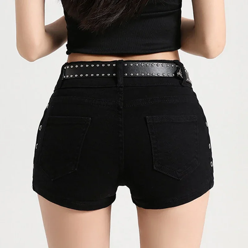 2026Black Y2K Low Waisted Denim Shorts Women Gothic Punk Rivets Slim Fit Micro Jean Shorts Woman Sexy Club Wear Pants No Belt - view 3