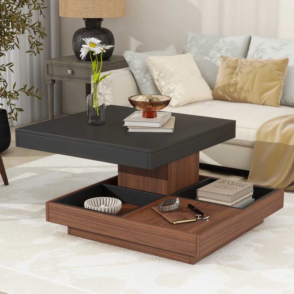 Modern Square 360°Rotating Coffee Table with Three Detachable Tray, Farmhouse Wood Center Table with Storage for Living Room