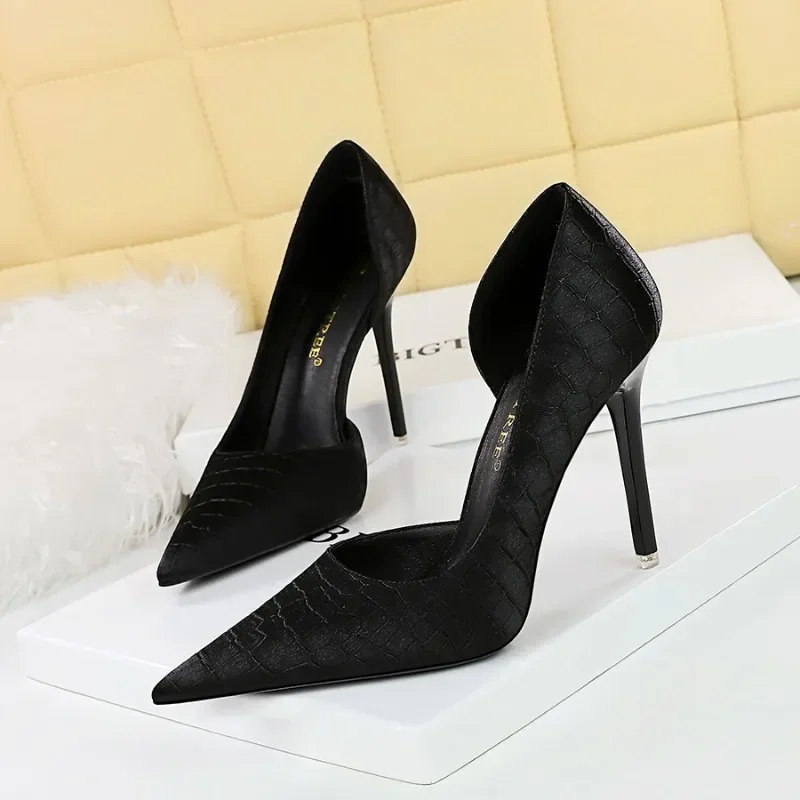 BIGTREE Shoes New Women Pumps Hollow Pointed Toe Silk 11CM Thin high heels Mature Dress Sandals Office Women Shoes Sky Blue