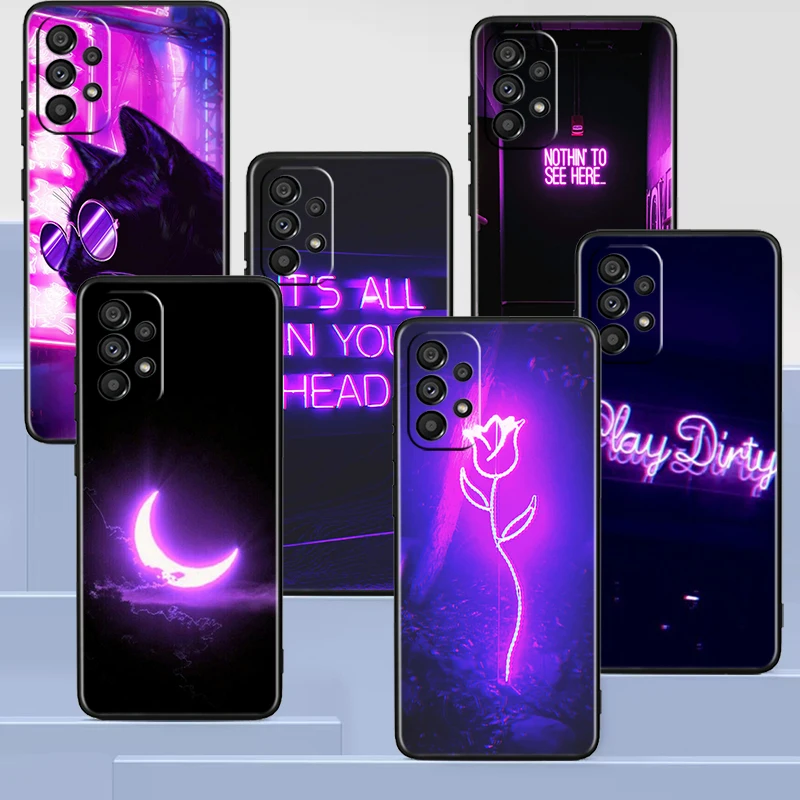 Purple Colour Neon Light Black Phone Case For Samsung A73 A72 A71 A54 A53 A13 A52 A51 A33 A32 A23 A21S A04 A03 5G