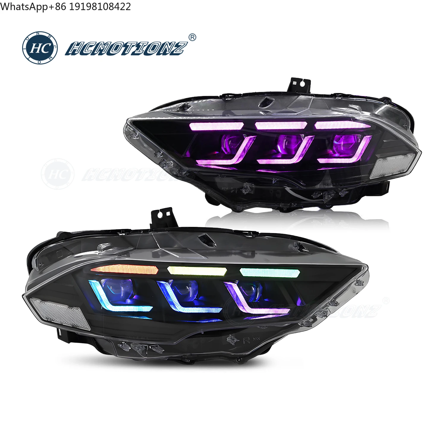 HCMOTIONZ LED Projector Headlights for Ford Mustang RGB Day Running Light Animation 2018-2023 Front Lamps Assembly