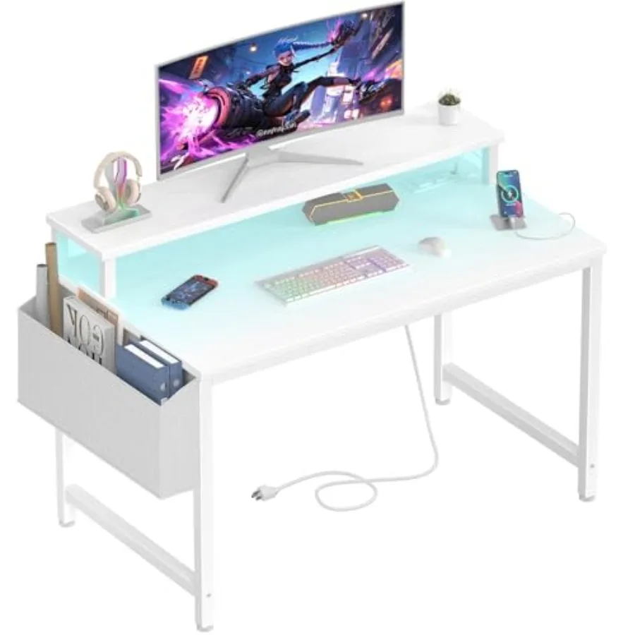 

Small Desk with LED Lights and Power Outlets 32 Inch Home Office Computer Desks with Monitor Stand Teen Writing Study Table Gam