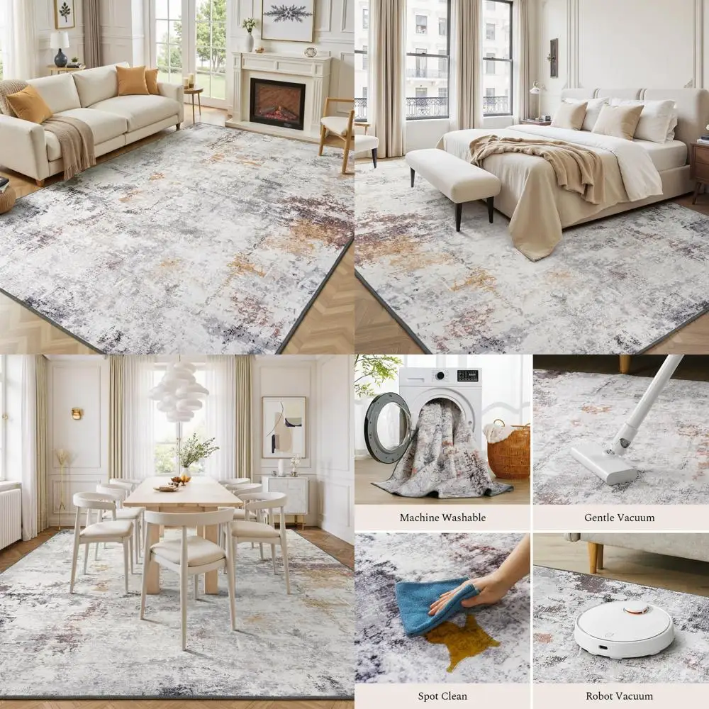 10x14 Washable Area Rugs, Stain-Resistant Low Pile, Modern Neutral Carpet for Living & Dining Rooms