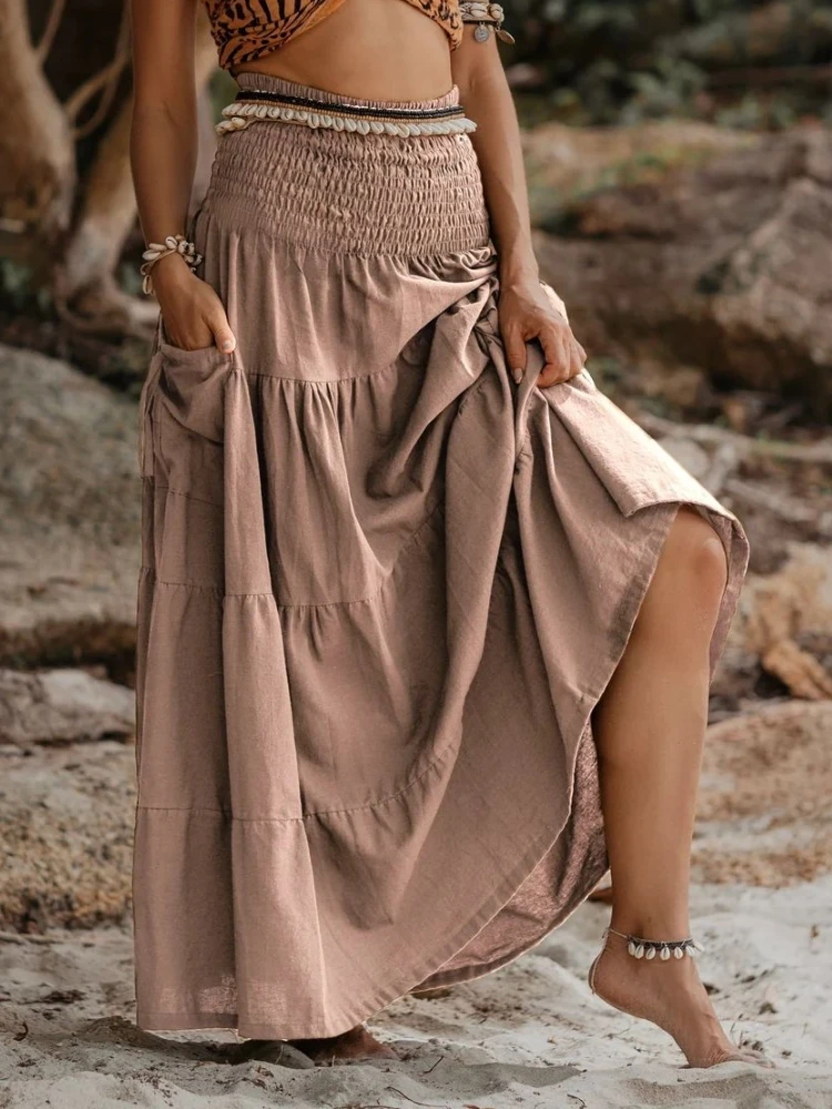 Boho Maxirock Damen Hohe Taille Urlaub Strand Drapierte Lange Röcke Patchwork Einfarbig Kordelzug Taschen Böhmischer Freizeitrock